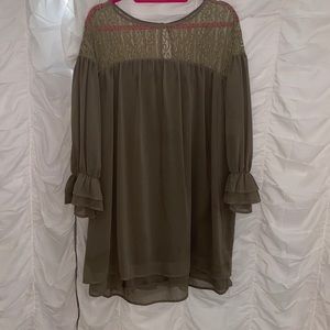 Olive green dress with a delicate lace neckline